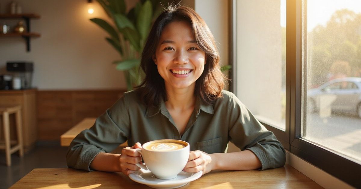Happy person enjoying coffee at cafe